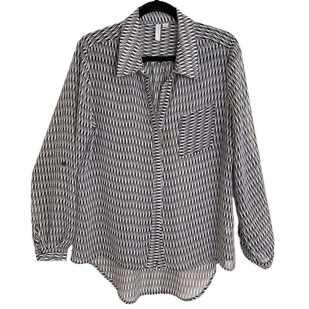 Katherine Barclay Montreal Blouse Sz L Black White Print HI Lo Tunic Tab Sleeve
